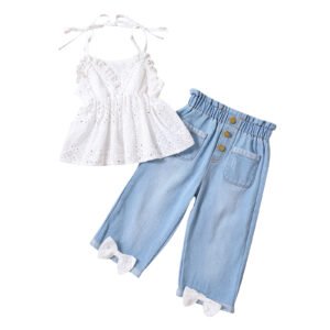 shell.love hollow lace bow denim pants suit kids (1)