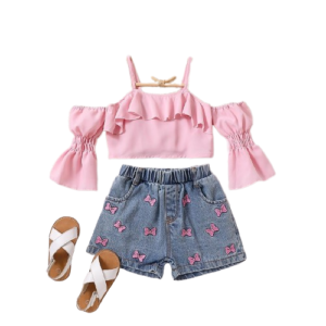 shell.love solid lace bow denim shorts girls suit kids